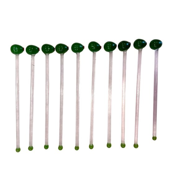 Set Of 10 Glass Pimento Stuffed Green Olive Cocktail Swizzle Sticks 8" Barware - Picture 3 of 7